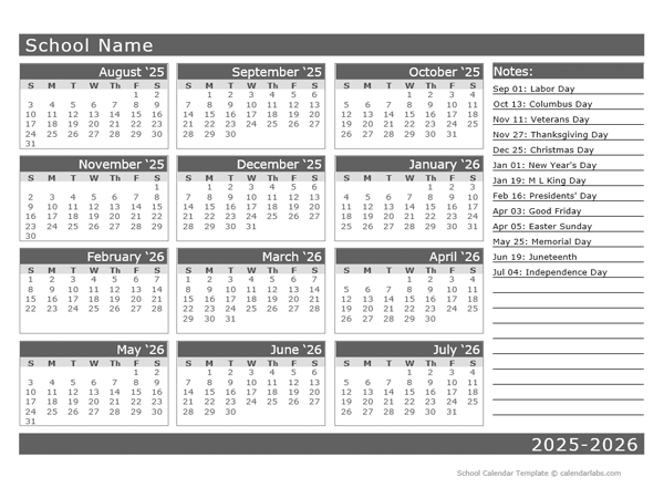 2025 Yearly School Horizontal Calendar Aug