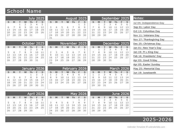 2025 Yearly School Horizontal Calendar Jul