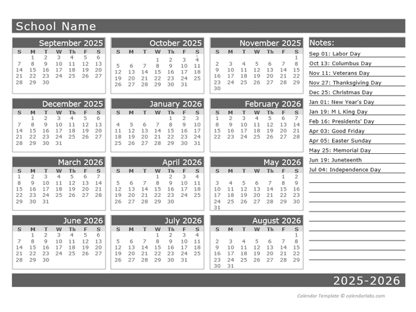 2025 Yearly School Horizontal Calendar Sep