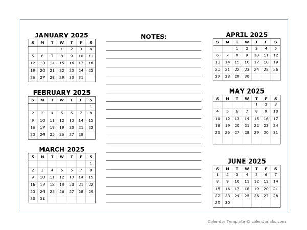 6 Months Per Page Calendar Template 2025