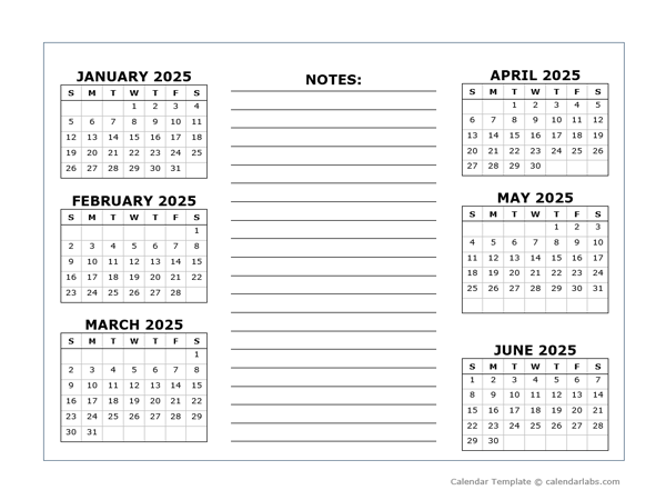 6 Months Per Page Calendar Template 2025 - Free Printable Templates