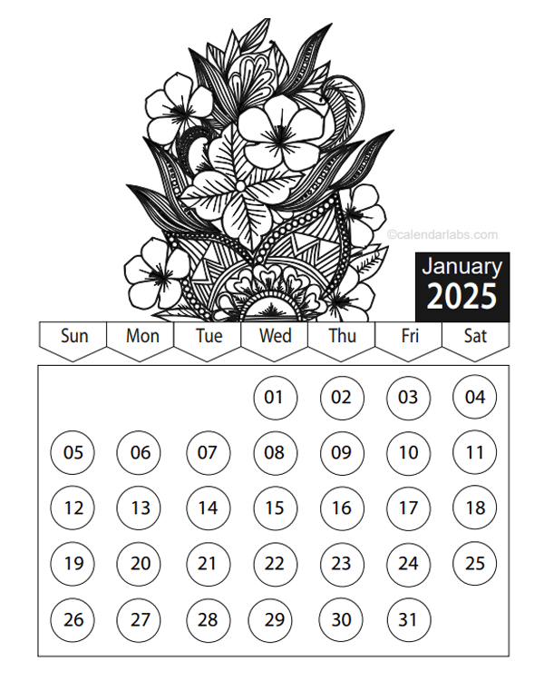 Free 2025 Floral Coloring Calendar