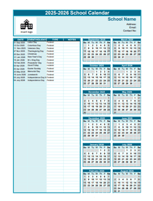 2025-2026 Sep-Aug Yearly School Calendar Template Excel