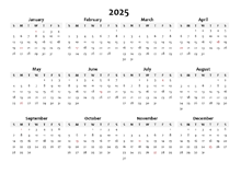 2025 Annual Blank Word Calendar Template