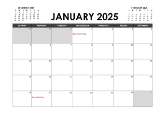 2025 Calendar Planner Australia Excel