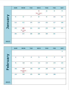 2025 Calendar Template Two Months Per Page