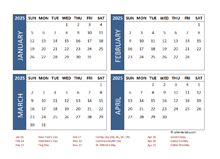 2025 Four Month Calendar with Canada Holidays