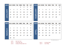 2025 Four Month Calendar with Singapore Holidays