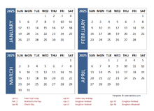 2025 Four Month Calendar with Thailand Holidays