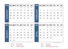 2025 Four Month Calendar with UK Holidays