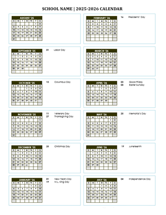 2025 Free School Yearly Calendar Aug