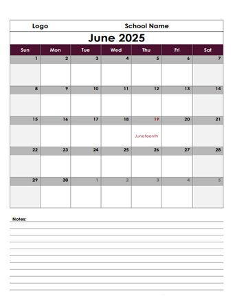 2025 Google Docs School Calendar Notes