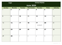 2025 Google Docs School Monthly Calendar
