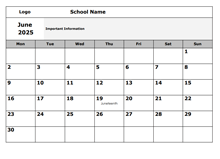 2025 Google Docs School Monthly Jun Mon Calendar