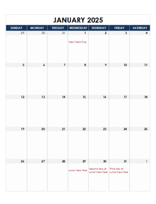 2025 Hong Kong Calendar Spreadsheet Template