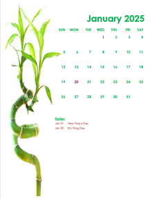 2025 Monthly Calendar Template Green Design
