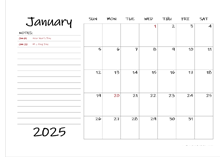 2025 Calendar Template with Monthly Notes