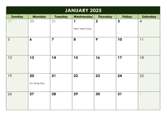 2025 Monthly Google Docs Calendar Template