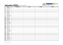 2025 Monthly Menu Planner