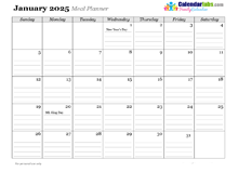 2025 Monthly Menu Planner