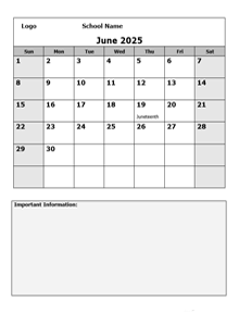 2025 Monthly School Jun-Sep Calendar