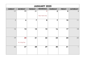 2025 Monthly Calendar with US Holidays