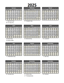 2025 Printable Calendar With Holidays