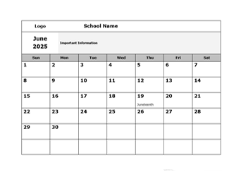 2025 School Monthly Jun-Sep Calendar