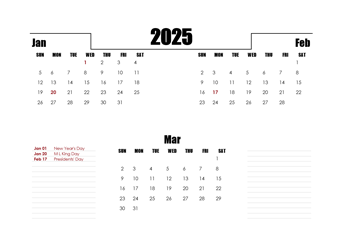 2025 Quarterly Three Month Calendar
