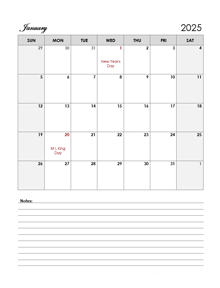 2025 Word Calendar Template With Notes