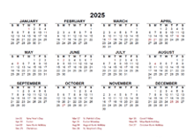 2025 Year at a Glance Calendar with Ireland Holidays