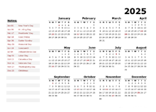 2025 Yearly Calendar Template With US Holidays