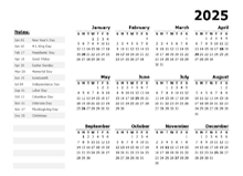 2025 Year Calendar Template with US Holidays