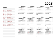 2025 Year Calendar Word Template With Holidays