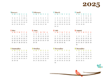 2025 Blank Yearly Calendar Bird Template