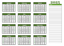 2025 Yearly Calendar With Blank Notes