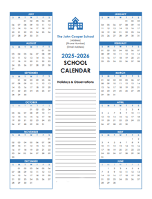 2025 Yearly Free Editable School Jul-Jun Calendar