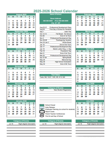 2025 Yearly School Calendar Template Editable Aug-Jul