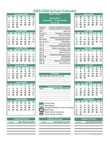 2025 Yearly School Calendar Template Editable Sep-Aug