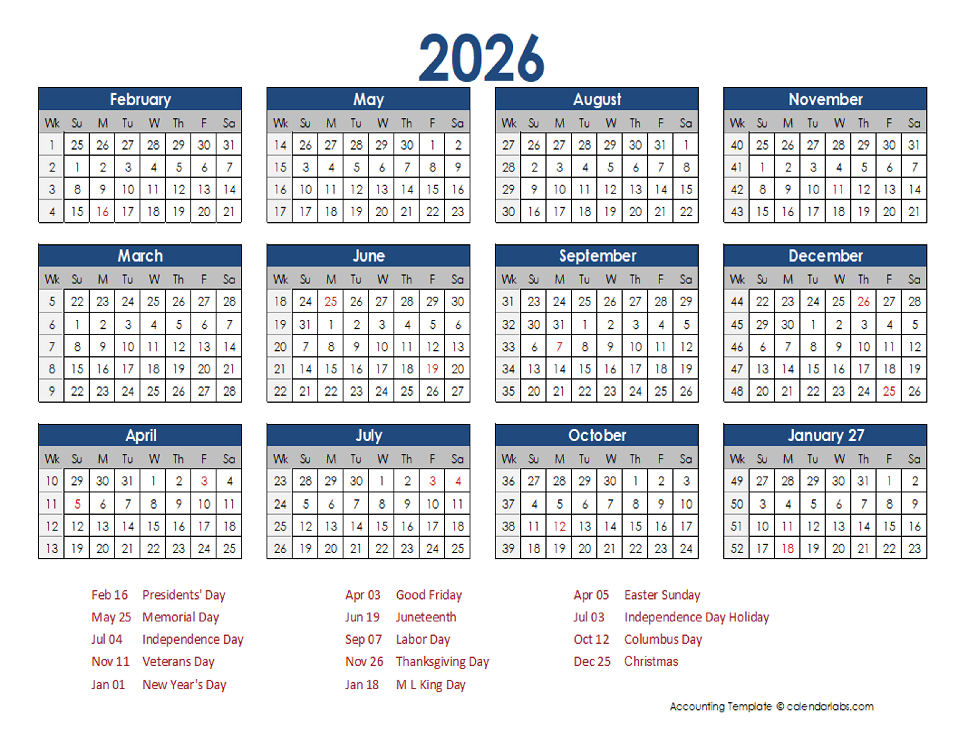 2026 Accounting Calendar 454 Free Printable Templates