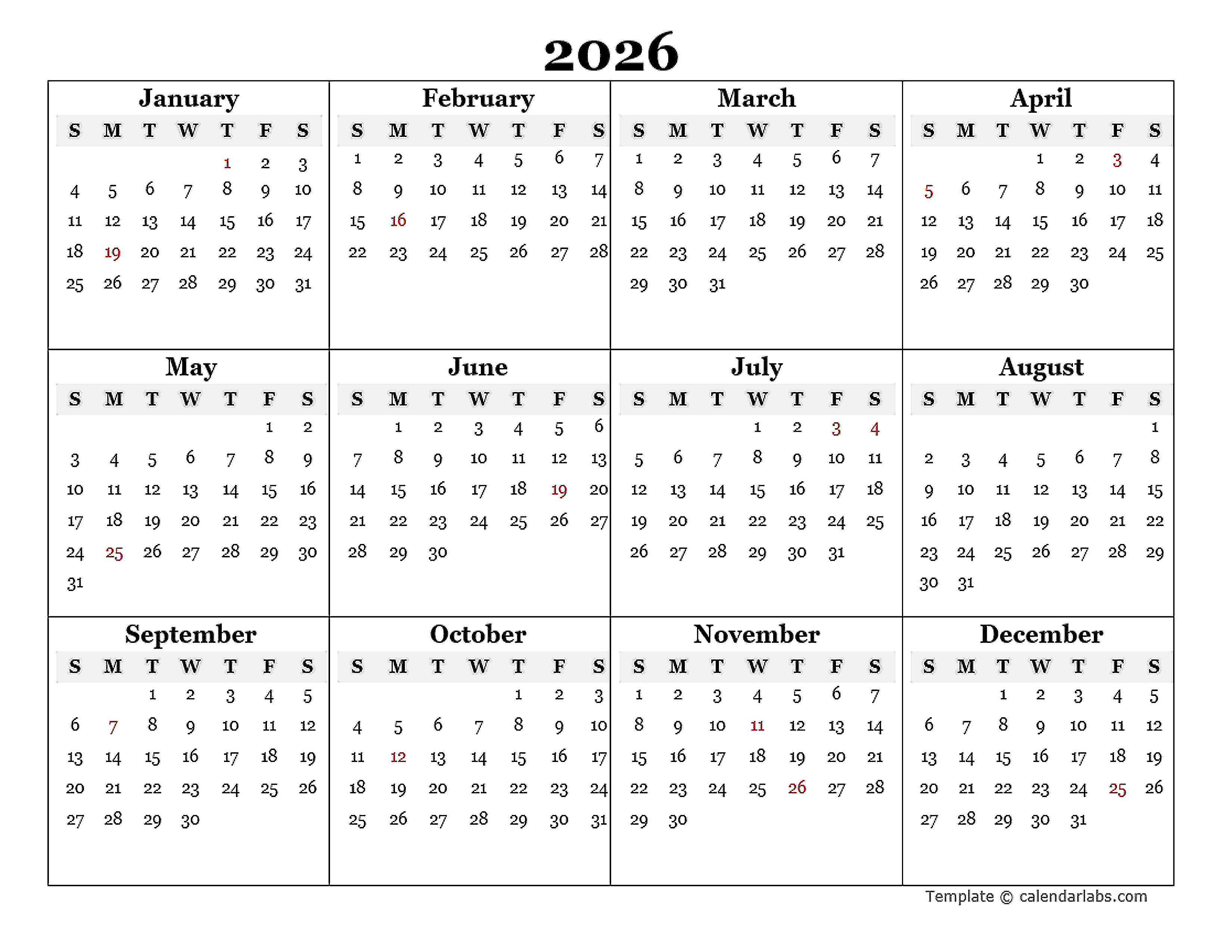 Free Printable Calendar 2026 King Printables