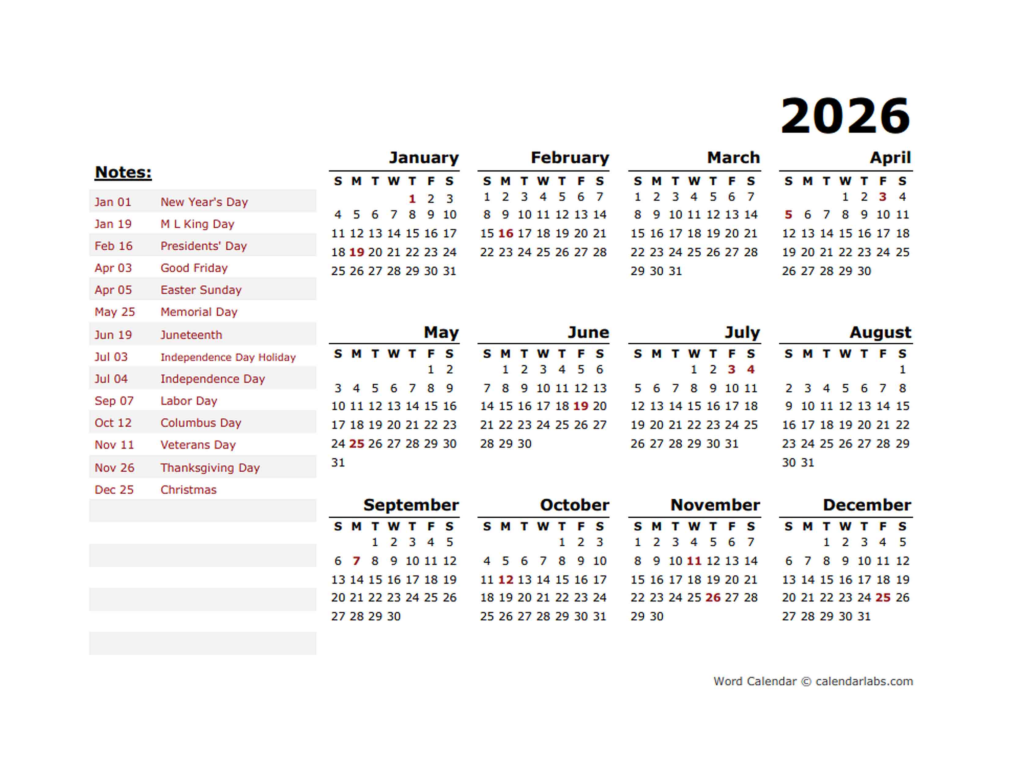 Printable Calendar 2026 With Holidays King Printables One For All