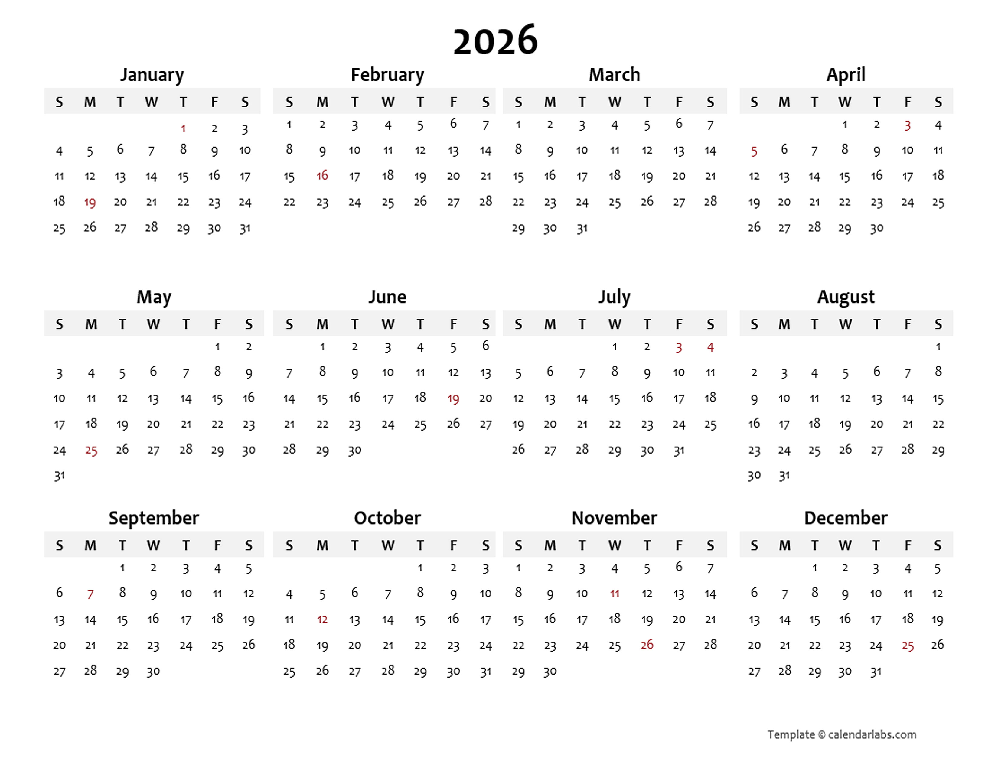 2026 Yearly Blank Calendar Template Free Printable Templates