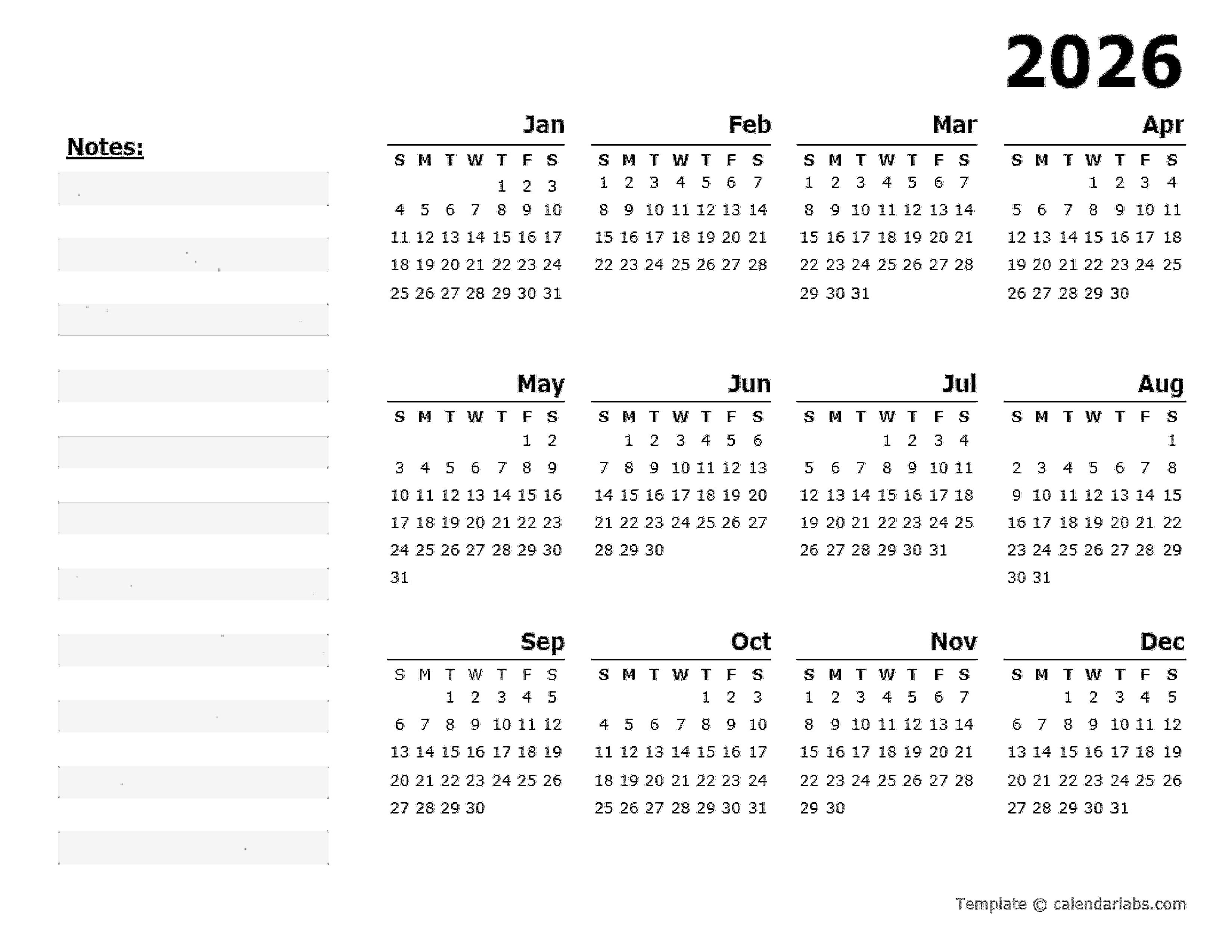 2026 Yearly Calendar Minimal Design Free Printable Templates