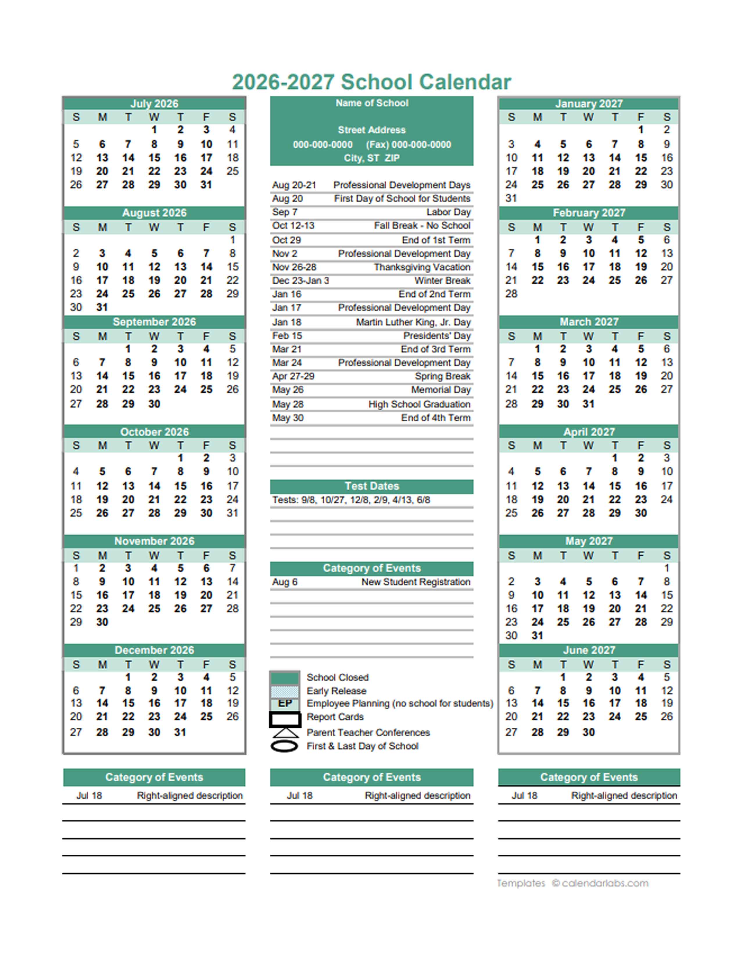 2026 Yearly School Calendar Template Editable Jul Jun Free Printable
