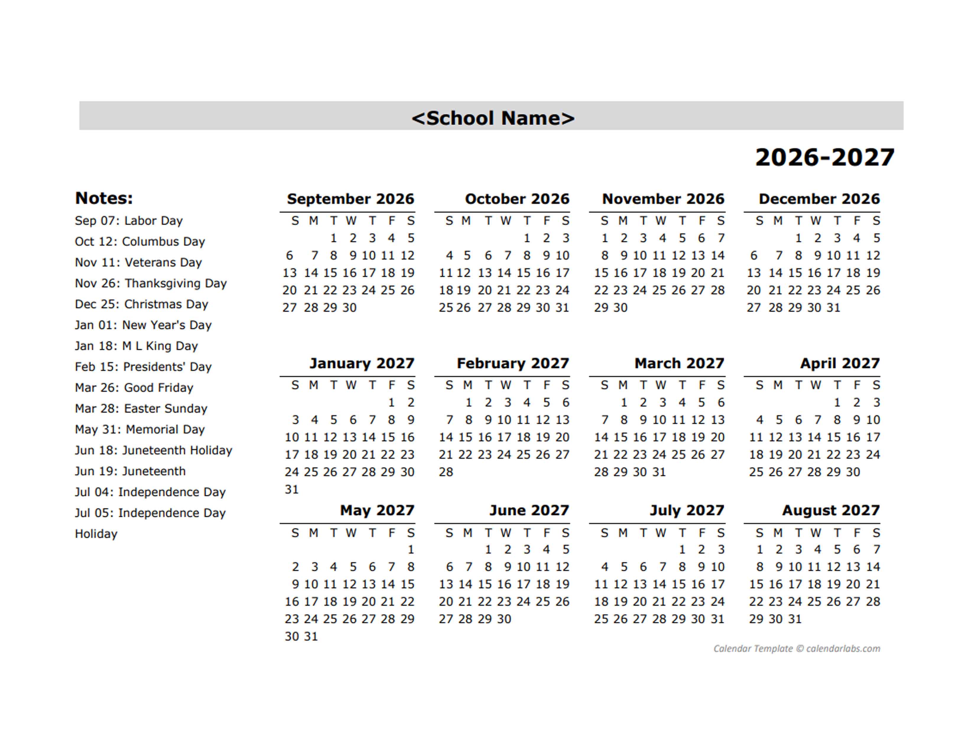 2026 Yearly School Sep-Aug Calendar With Holidays - Free Printable ...