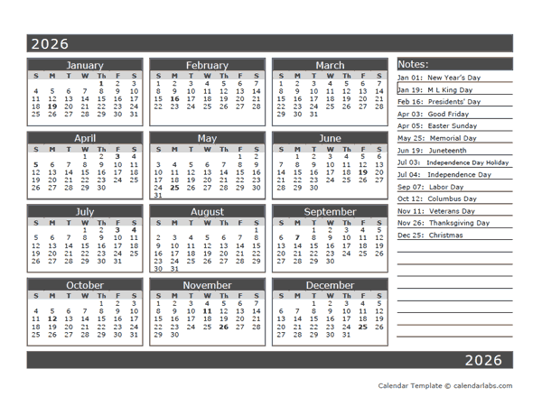 12 Month One Page Calendar Template For 2026