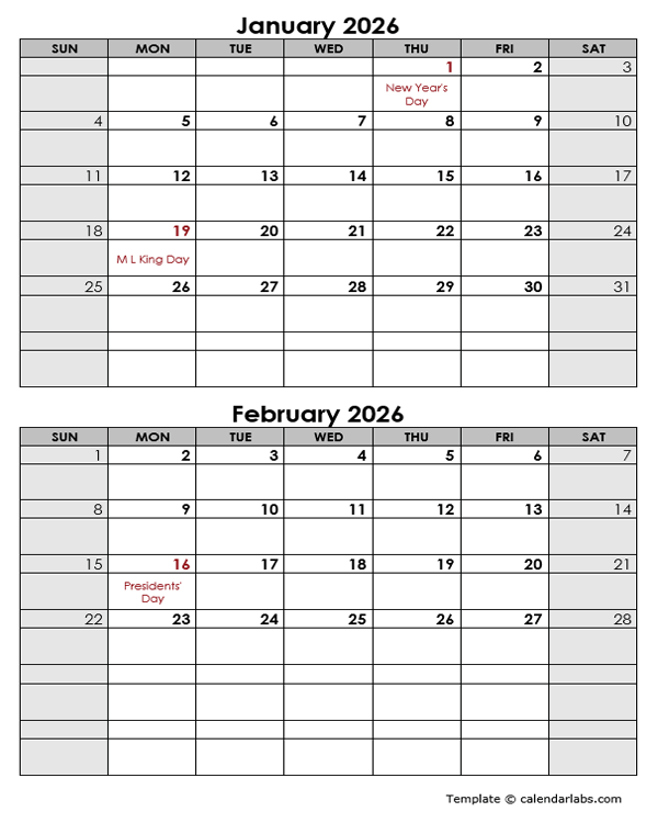 2026 2 Months Calendar Template