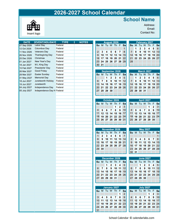 2026-2027 Aug-Jul Yearly School Calendar Template Excel