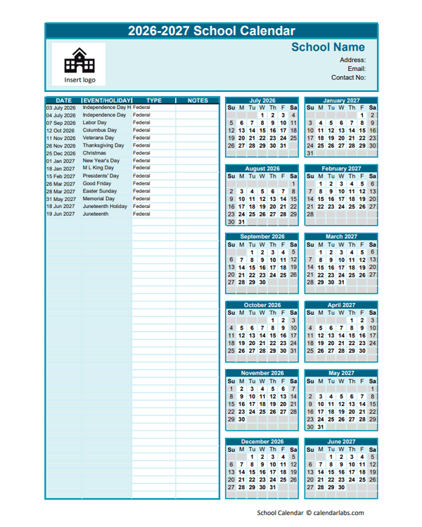 2026-2027 Jul-Jun Yearly School Calendar Template Excel
